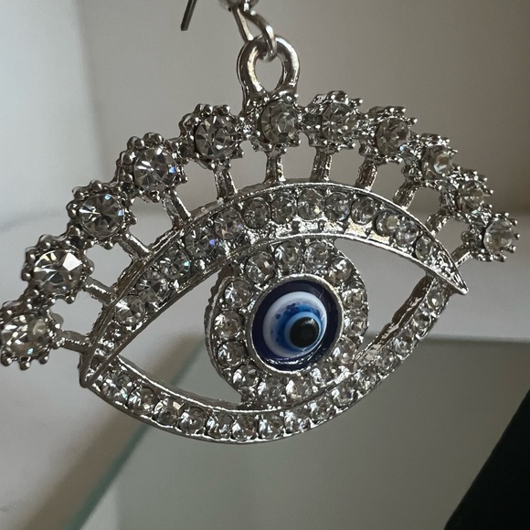 Silver rhinestone evil eye dangle drop chandelier earrings - Picture 3 of 10